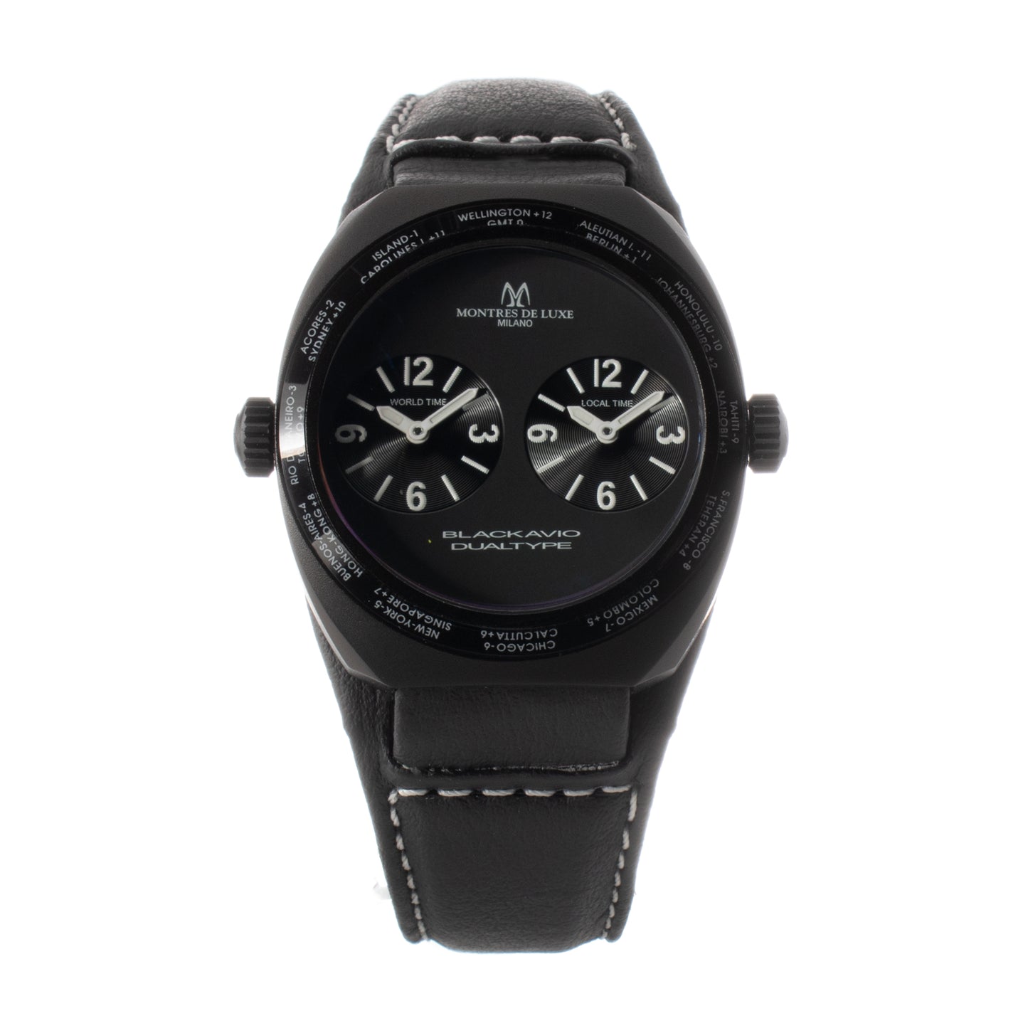 Montres De Luxe 09BK-3001 watch for unisex with a black dial and leather strap.