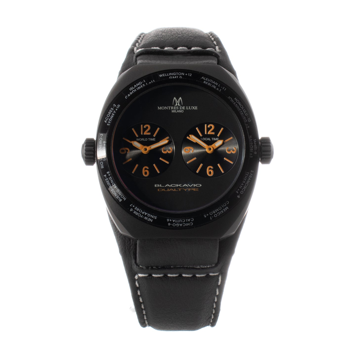 Montres De Luxe 09BK-3002 watch for unisex with a black dial and leather strap.