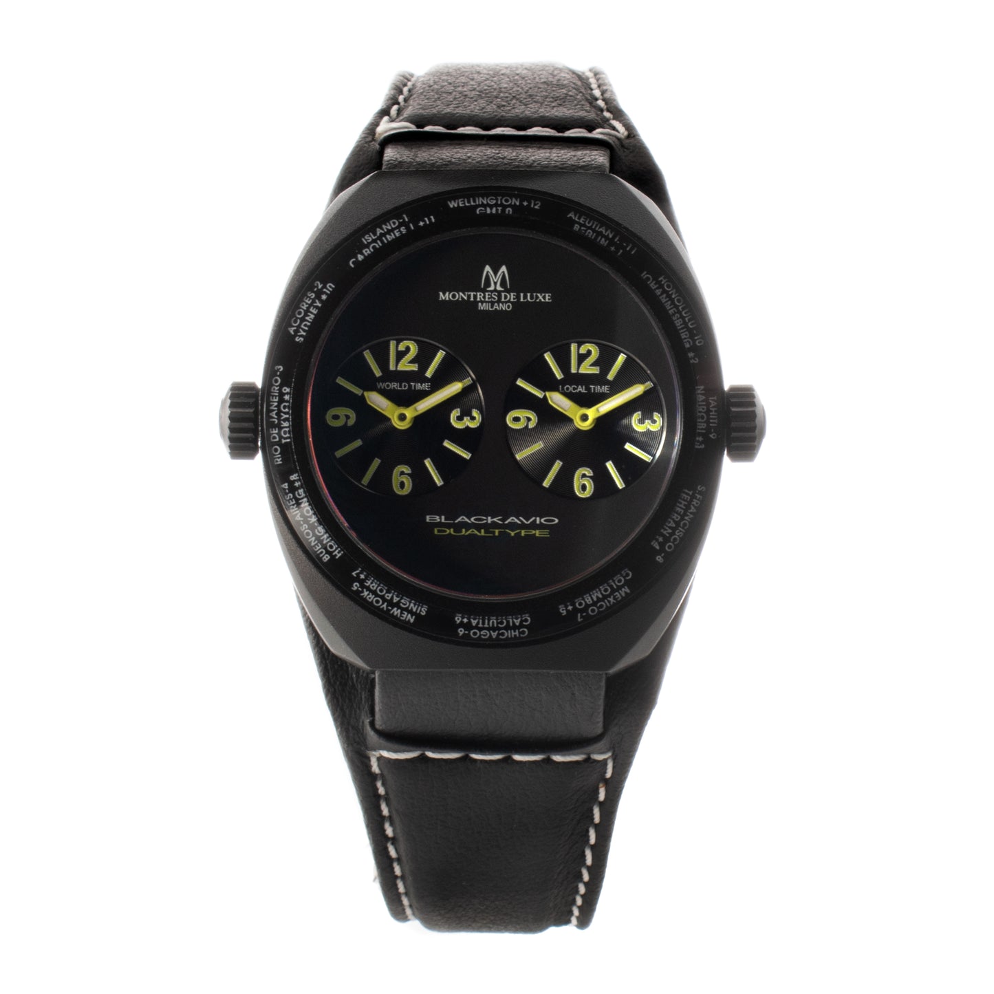 Montres De Luxe 09BK-3003 watch for unisex with a black dial and leather strap.
