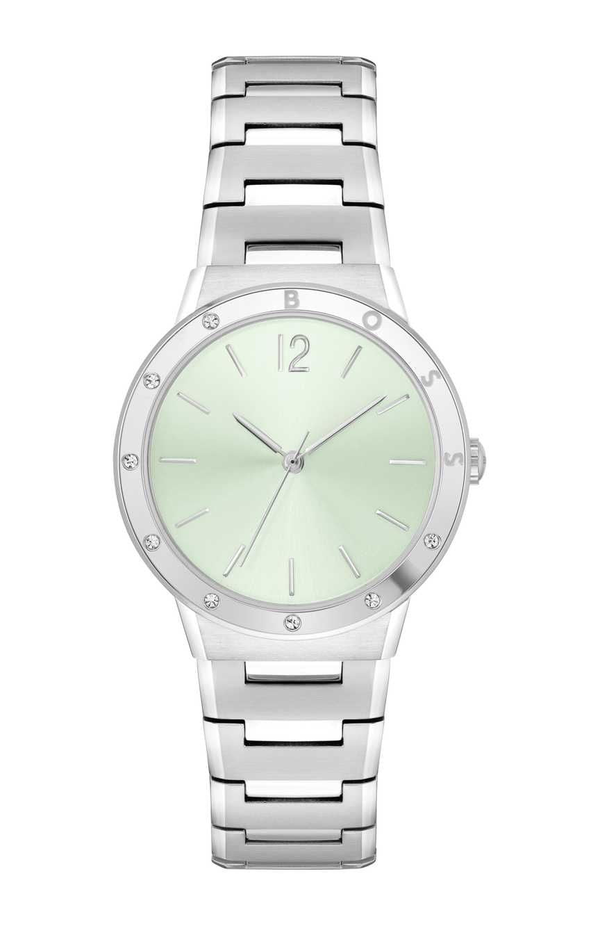 Hugo Boss 1502716 watch for women with a green dial and stainless steel strap.