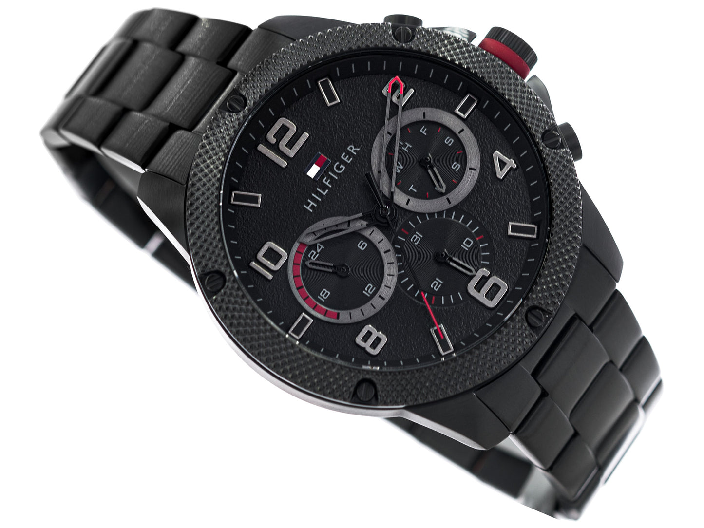 Tommy Hilfiger 1792030 watch for man with a black dial and gold stainless steel strap.