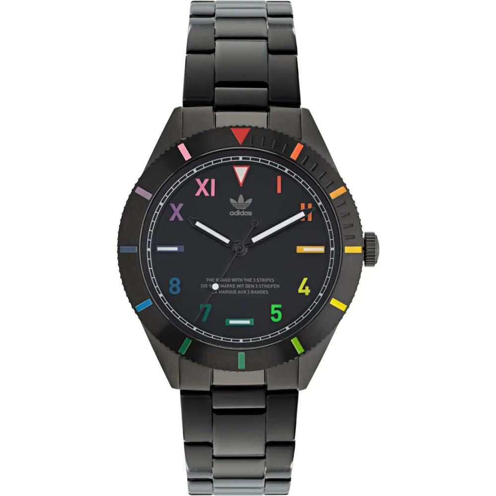 Adidas AOFH22056 watch for unisex with a black dial and stainless steel strap.