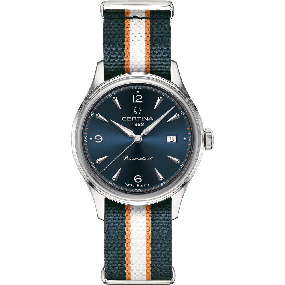 Certina C0384071804700 watch for man with a blue dial and fabric strap.