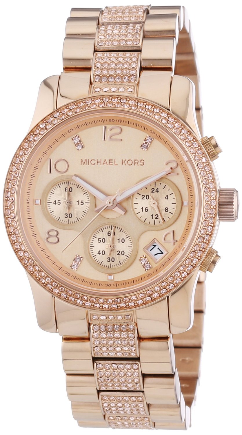 Michael Kors MK5827 watch for women with a golden dial and steel strap.