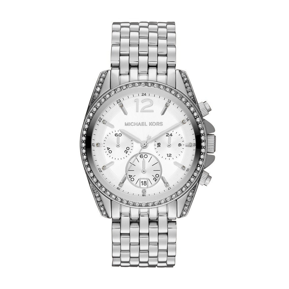 Michael Kors MK5834 watch for women with a white dial and steel strap.