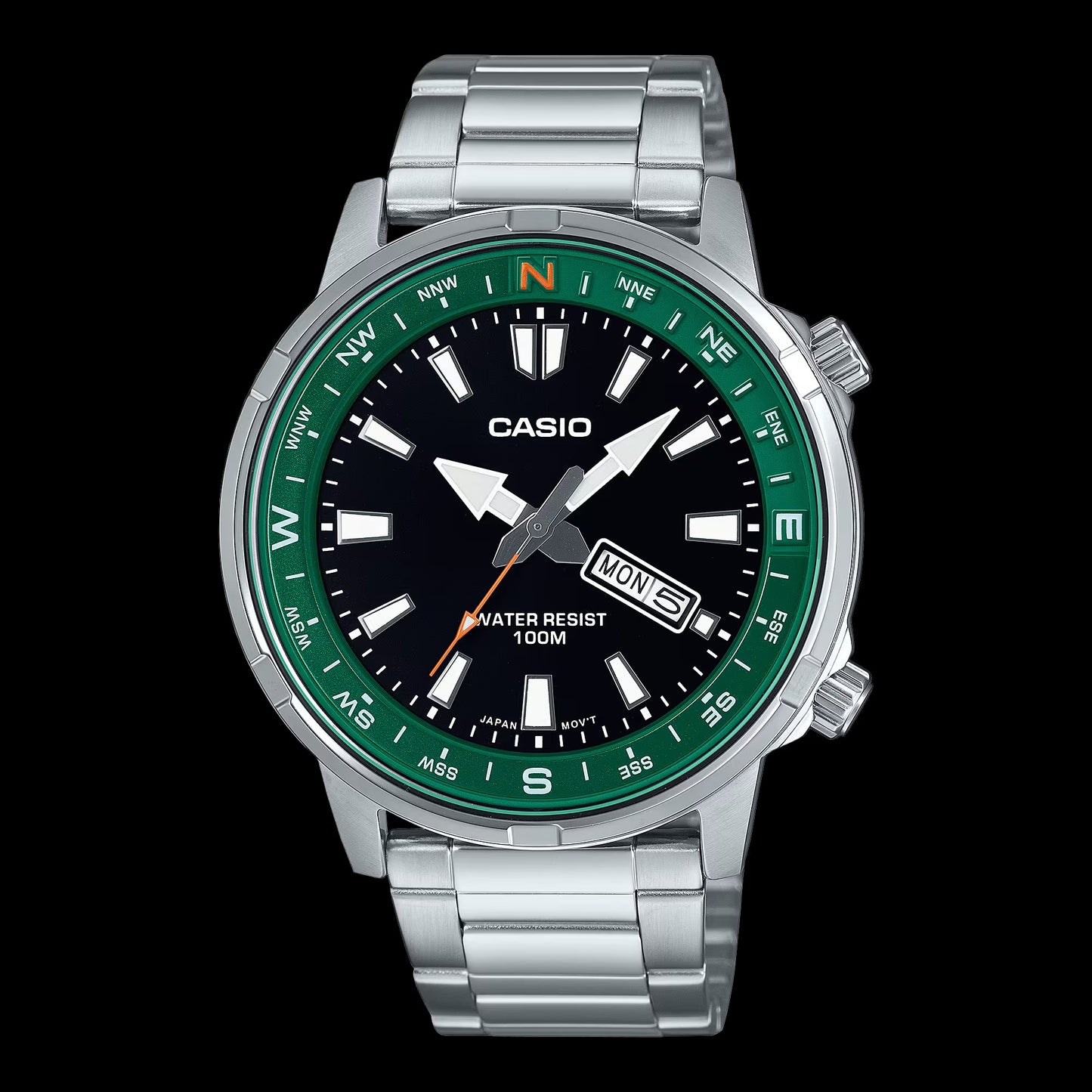 Casio MTD-130D-1A3VDF watch for man with a black dial and stainless steel strap.