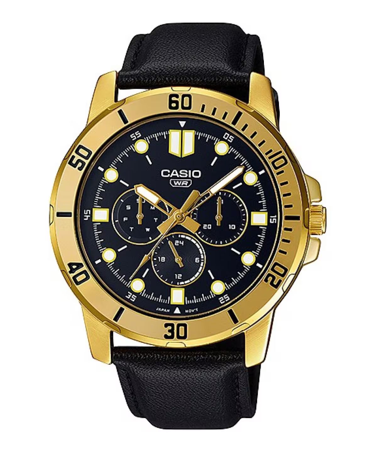Casio MTP-VD300GL-1EUD watch for man with a black dial and leather strap.