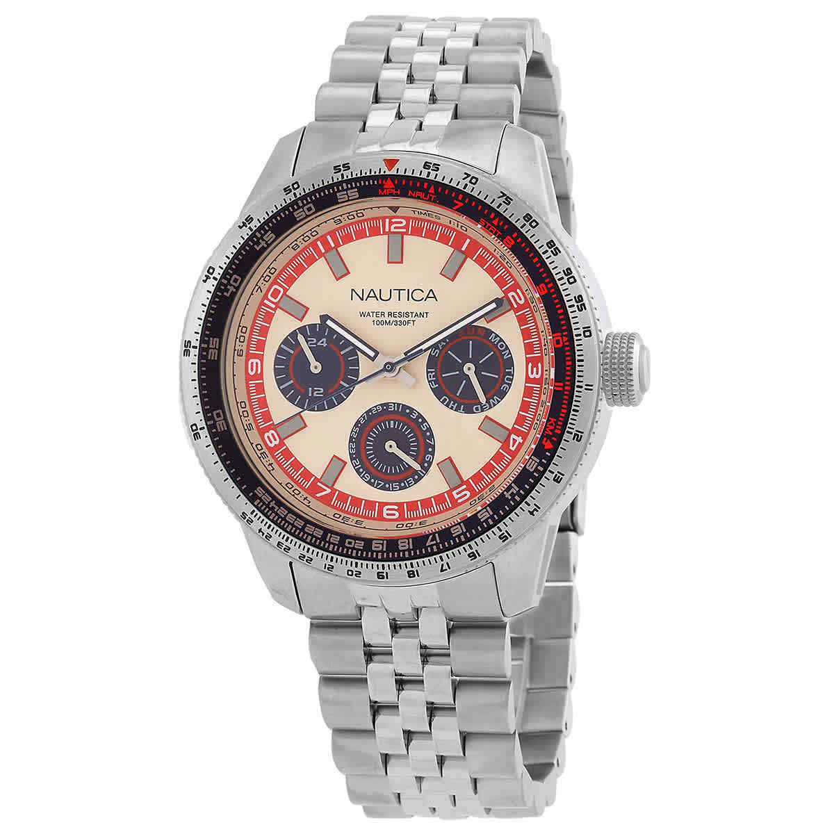 Nautica NAPP39S27 watch for man with a white dial and stainless steel strap.