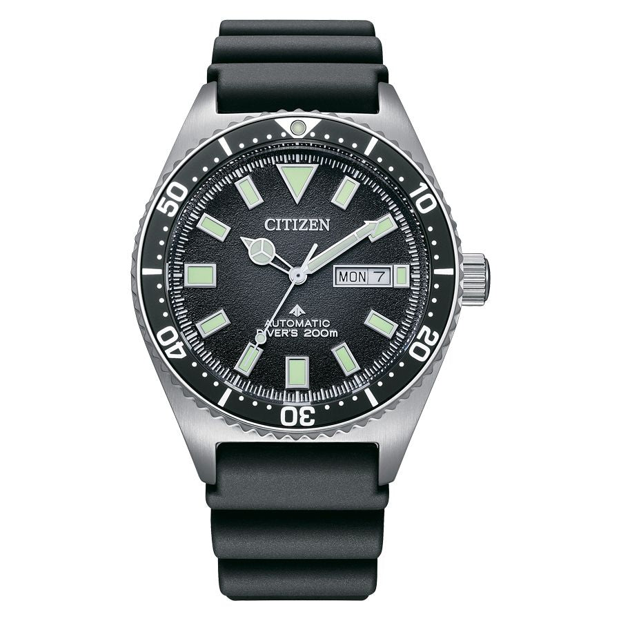 Citizen NY0120-01E watch for man with a black dial and rubber strap.