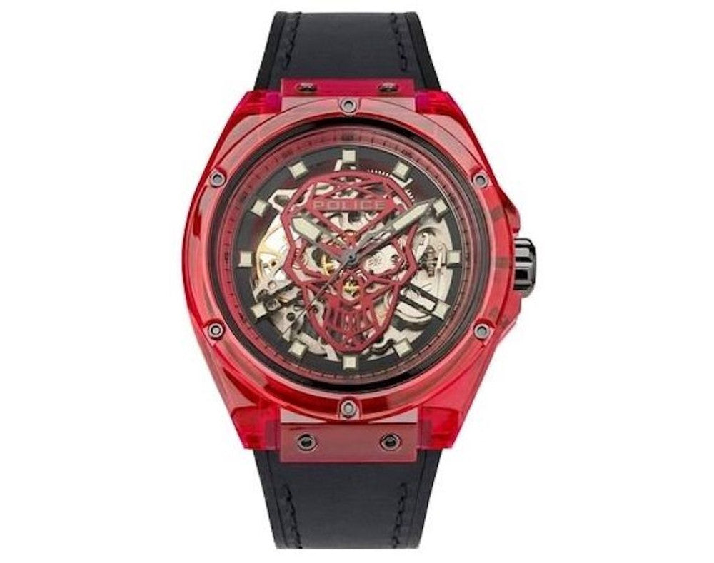 Police PEWGR1592405 watch for man with a red dial and silicone strap.