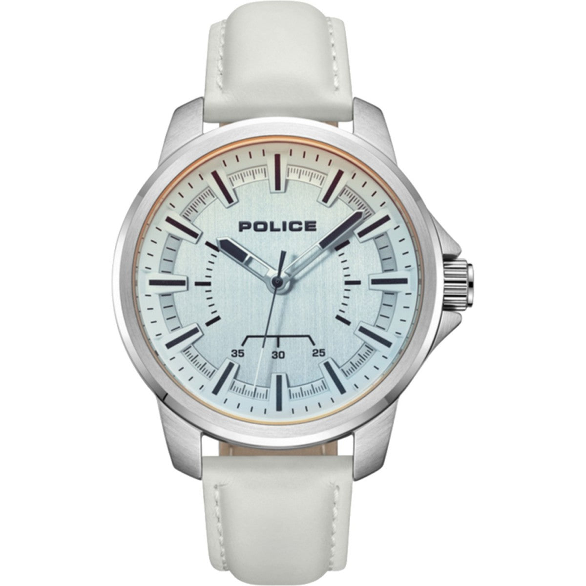 Police PEWJA0004803 watch for man with a white dial and leather strap.
