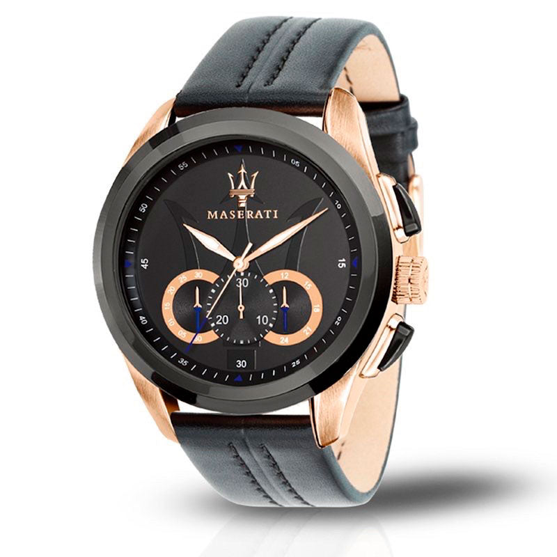 Maserati R8871612027 watch for man with a black dial and leather strap.