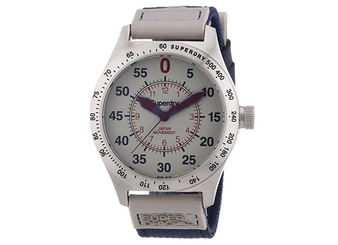 Superdry SYG122E watch for man with a white dial and cloth strap.