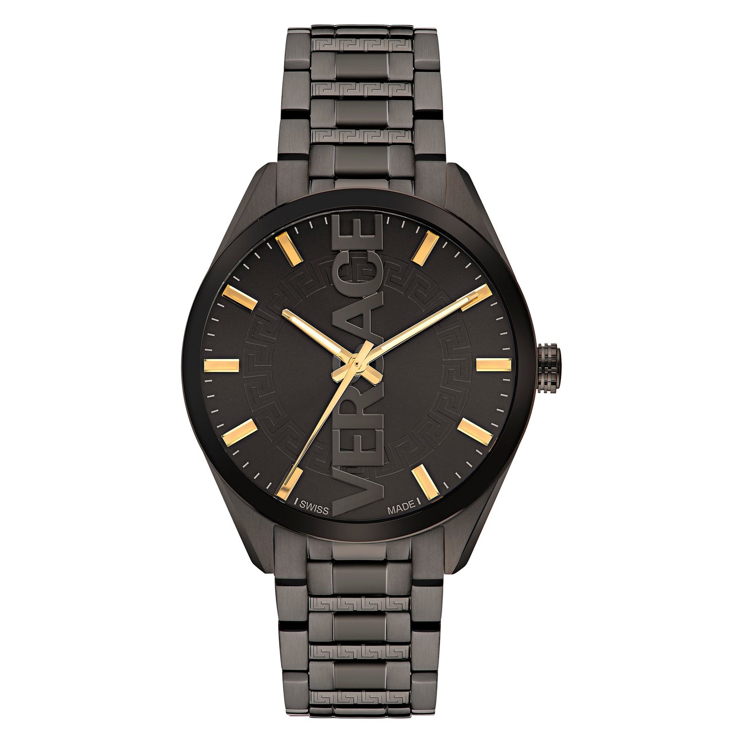 Versace VE3H00522 watch for man with a black dial and stainless steel strap.