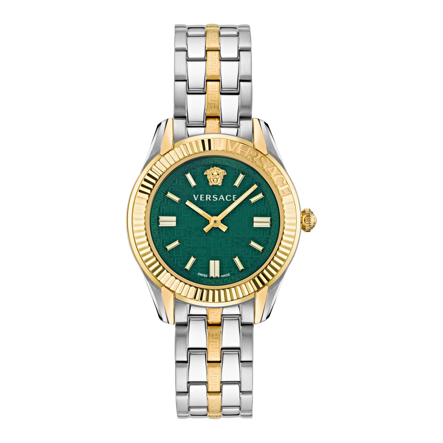 Versace VE6C00423 watch for women with a green dial and stainless steel strap.