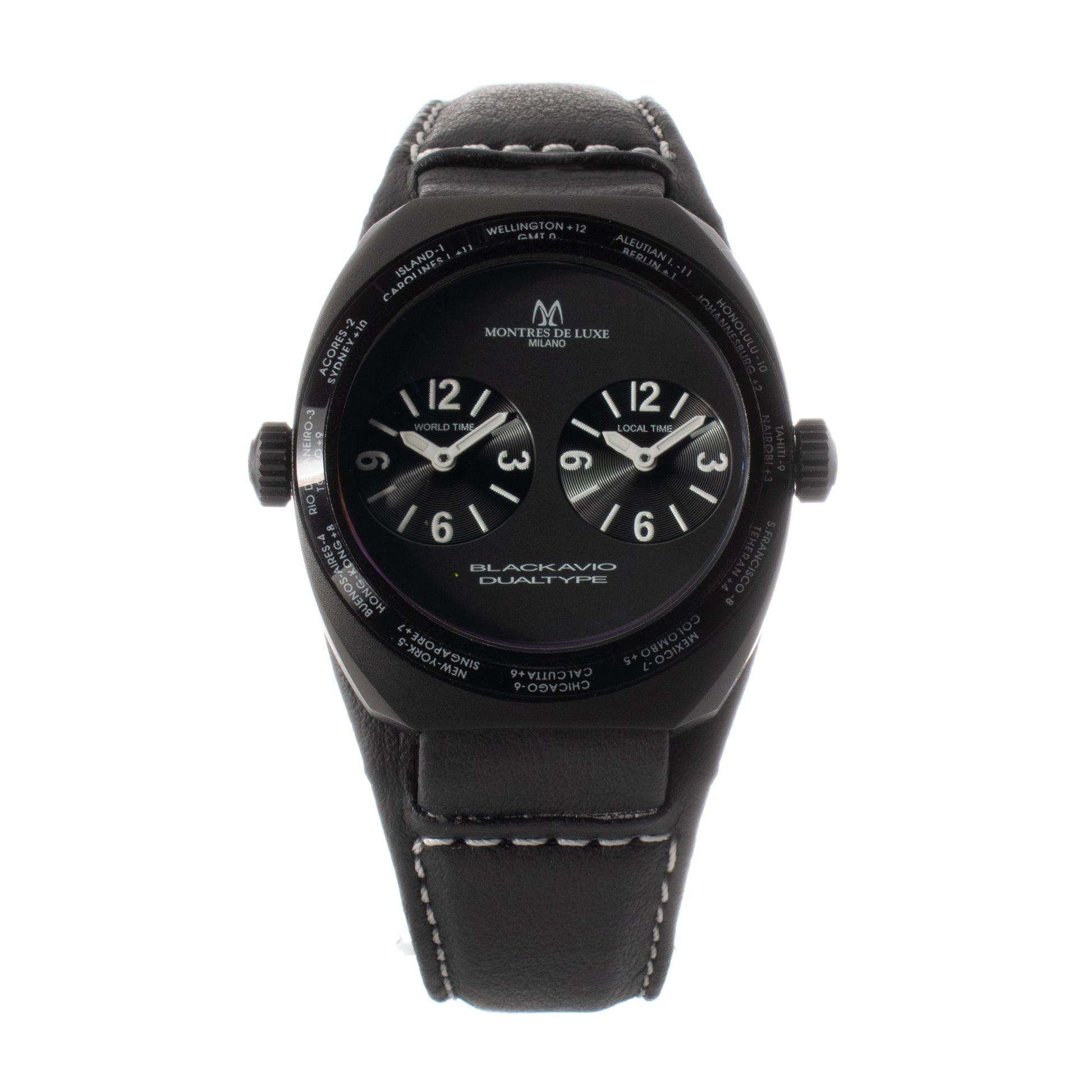Montres De Luxe 09BK-3001 watch for unisex with a black dial and leather strap.