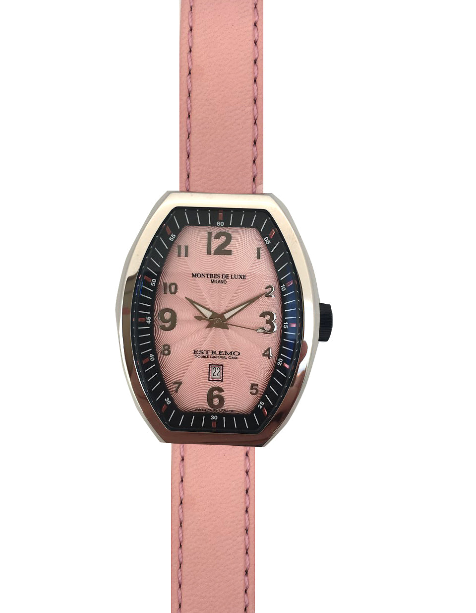 Montres De Luxe 09EX-L/A8303 watch for woman with a pink dial and leather strap.