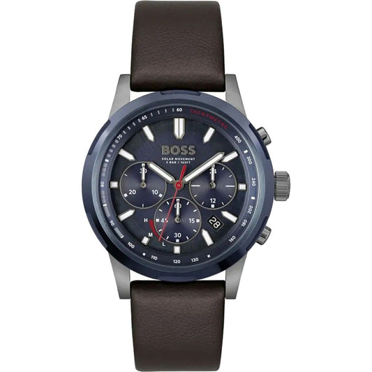 Boss 1514030 watch for man with a blue dial and leather strap.