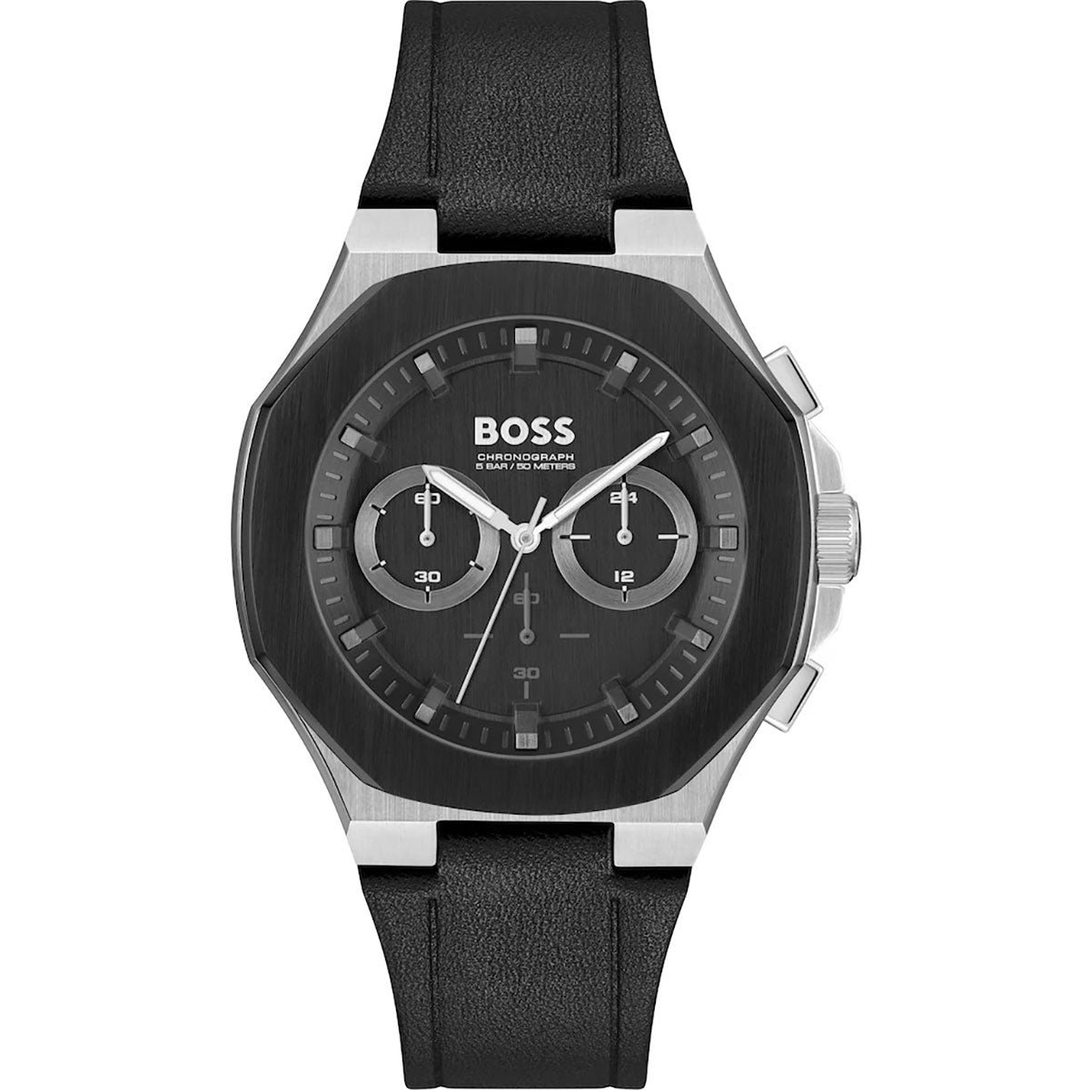 Boss 1514085 watch for man with a black dial and leather strap.