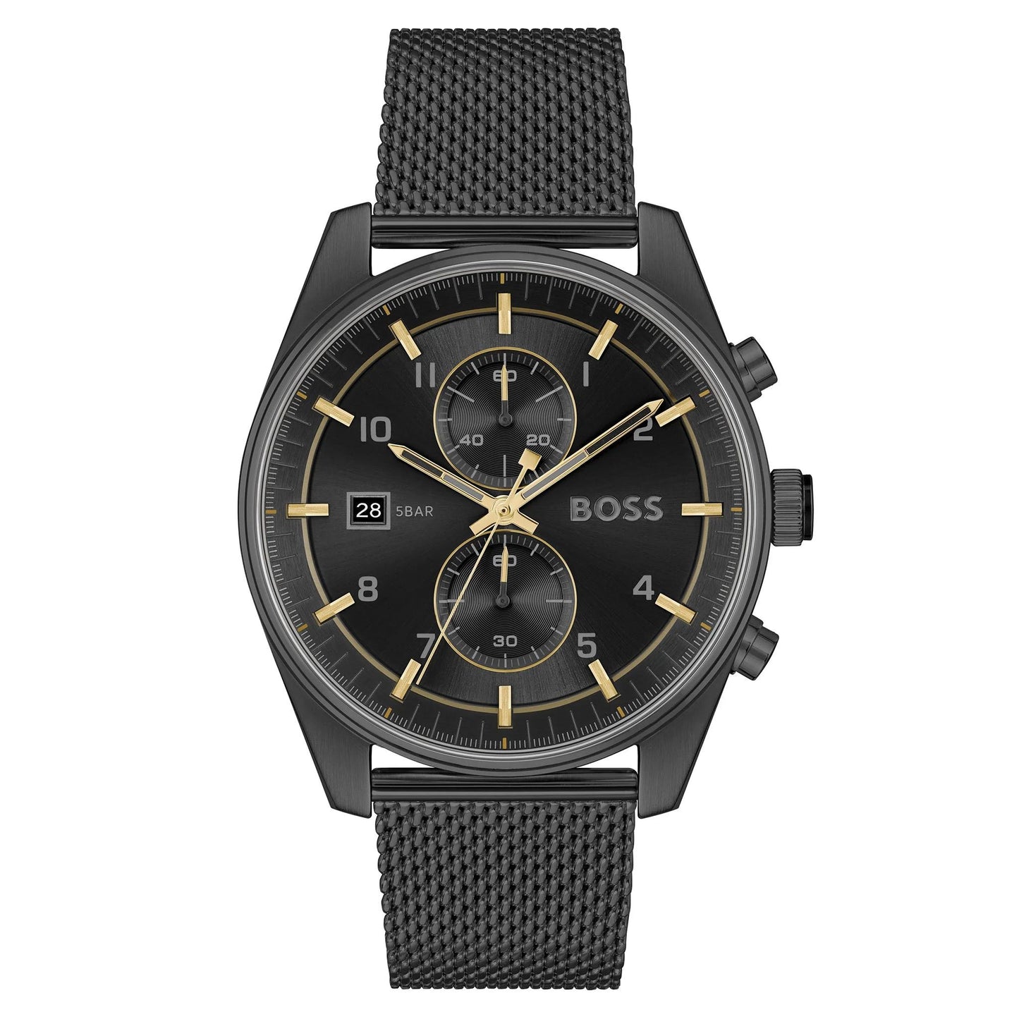 Boss 1514150 watch for man with a black dial and stainless steel strap.