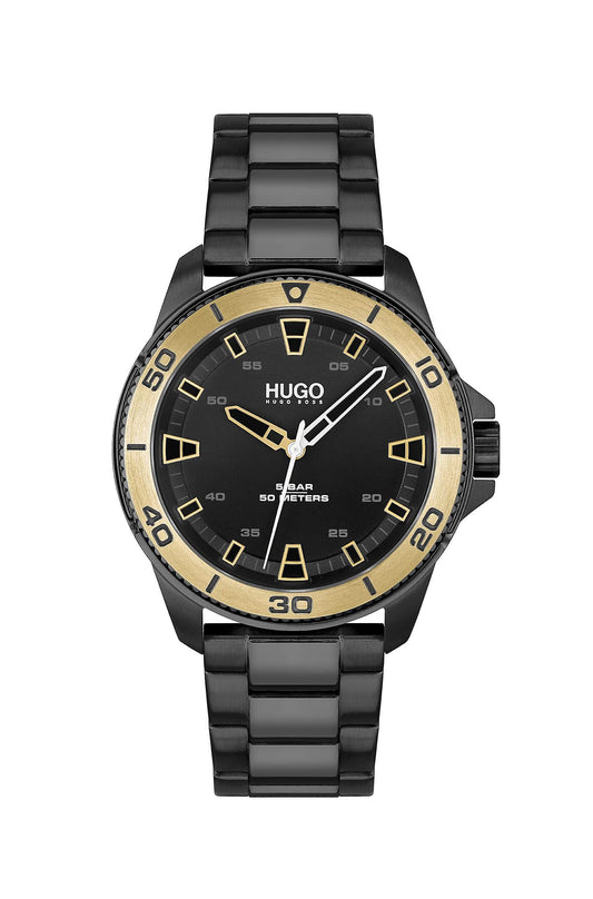 Hugo Boss 1530225 watch for man with a black dial and stainless steel strap.