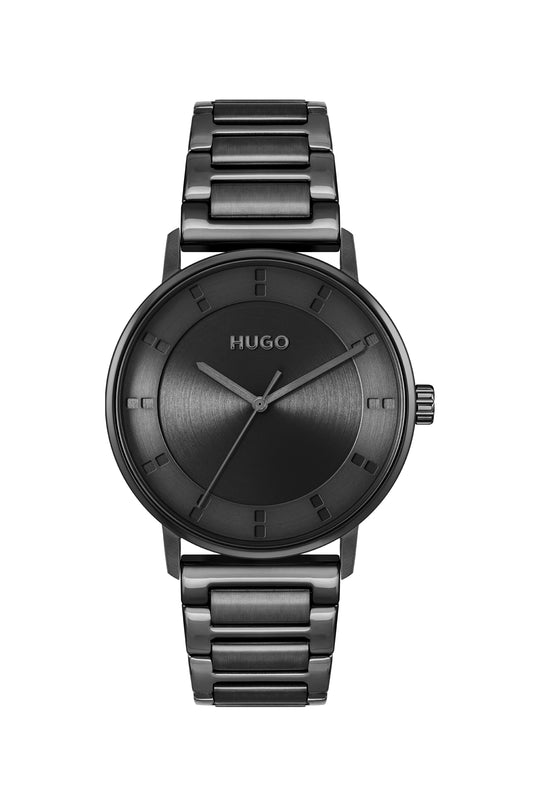 Hugo 1530272 watch for man with a black dial and stainless steel strap.