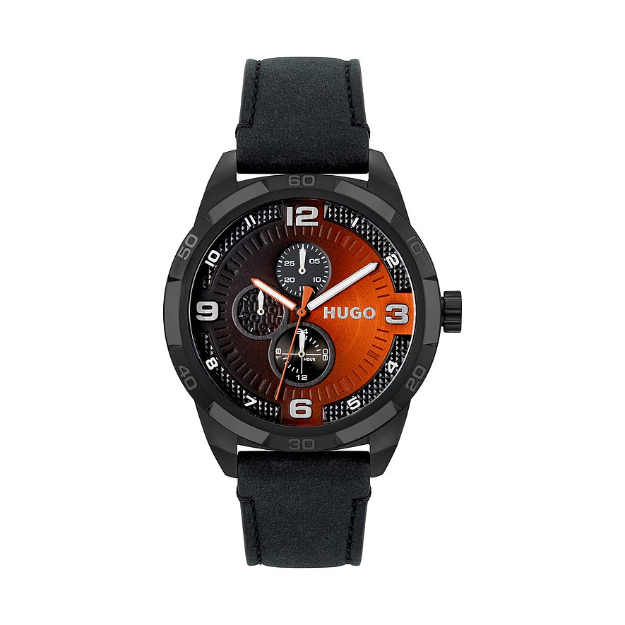 Hugo 1530275 watch for man with a black-orange dial and leather strap.