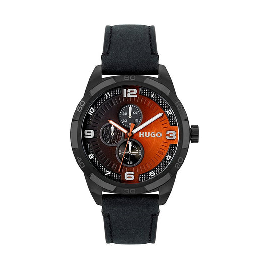 Hugo 1530275 watch for man with a black-orange dial and leather strap.