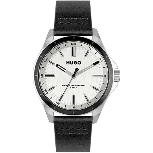 Hugo 1530325 watch for man with a silver dial and leather strap.