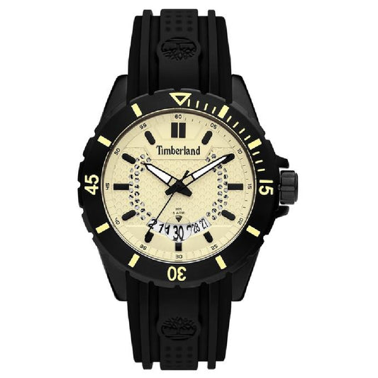 Timberland 15578JSB-14P watch for man with a yellow dial and silicone strap.