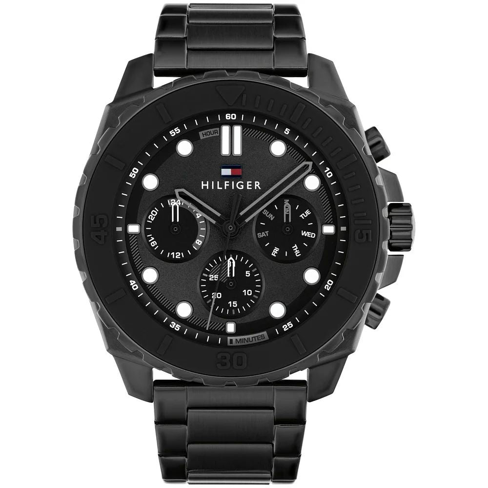 Tommy Hilfiger 1710690 watch for man with a black dial and stainless steel strap.
