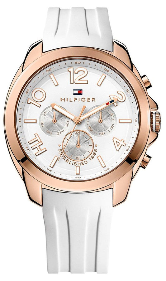 Tommy Hilfiger 1781388 watch for women with a white dial and resin strap.