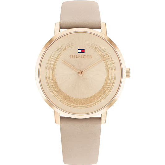 Tommy Hilfiger 1782602 watch for women with a golden dial and leather strap.