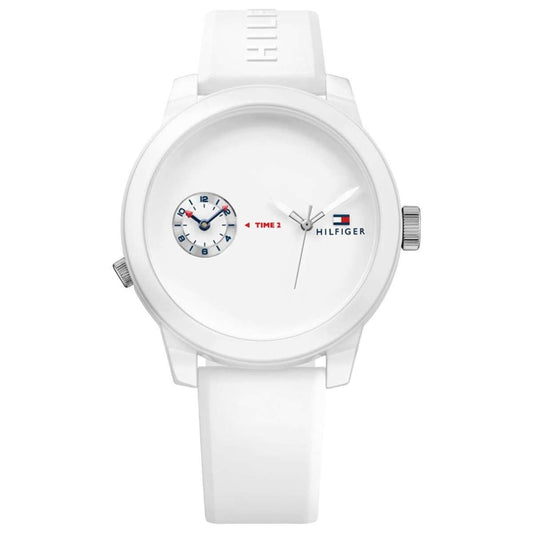 Tommy Hilfiger 1791324 watch for man with a white dial and rubber strap.