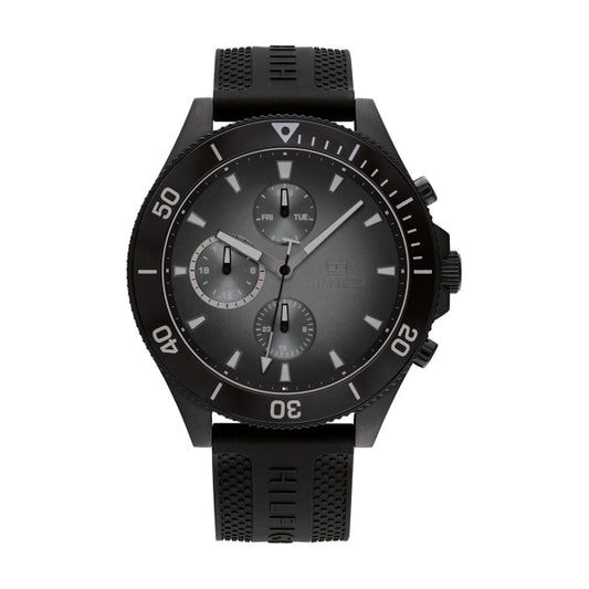 Tommy Hilfiger 1791921 watch for man with a black dial and silicone strap.