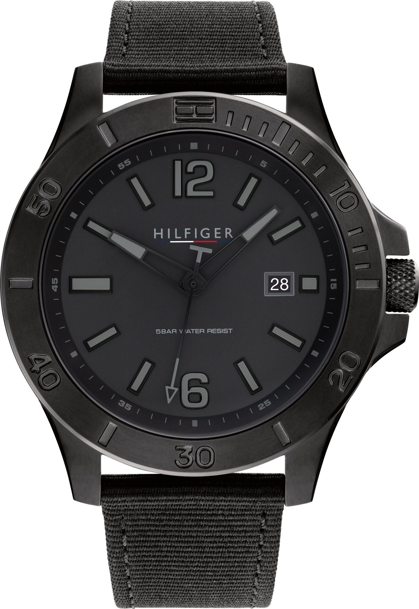 Tommy Hilfiger 1791993 watch for man with a black dial and fabric strap.