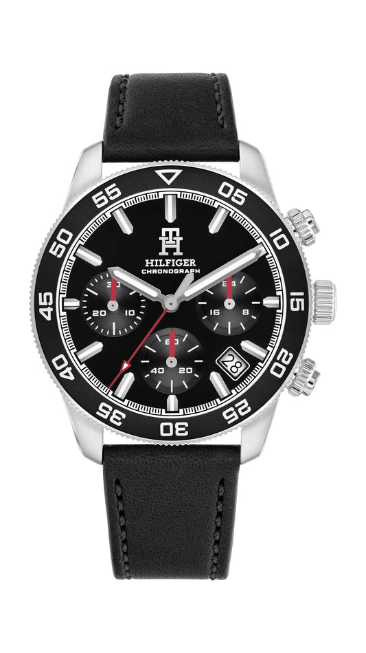 Tommy Hilfiger 1792162 watch for man with a black dial and leather strap.
