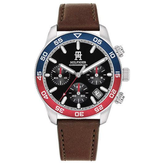 Tommy Hilfiger 1792166 watch for man with a black dial and leather strap.