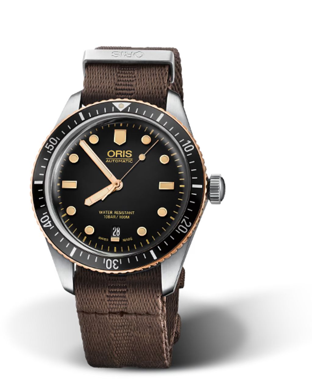 Oris 4354-07-5-20-30 watch for man with a black dial and fabric strap.
