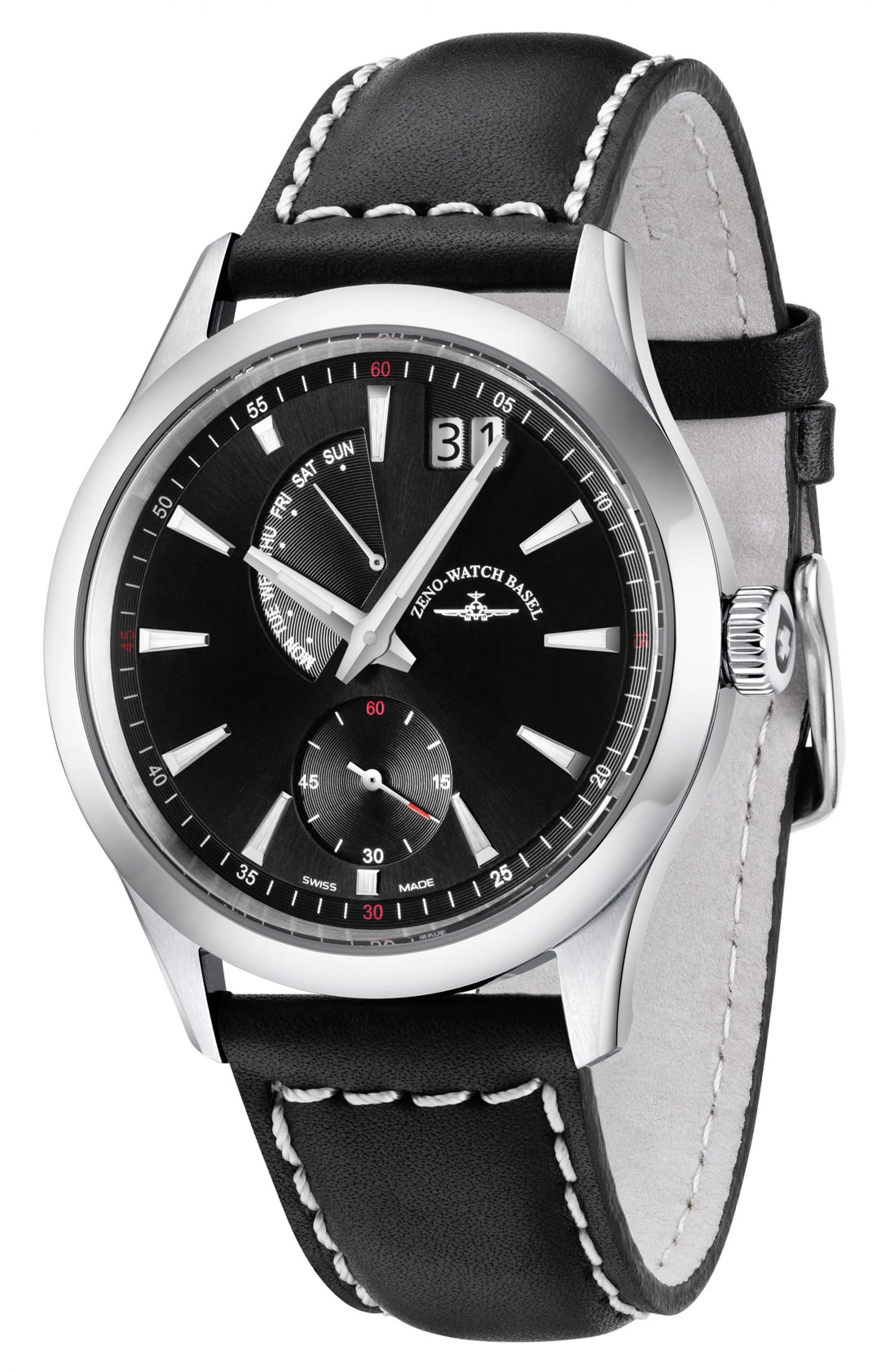 Zeno 6662-7004Q-G1 watch for man with a black dial and leather strap.