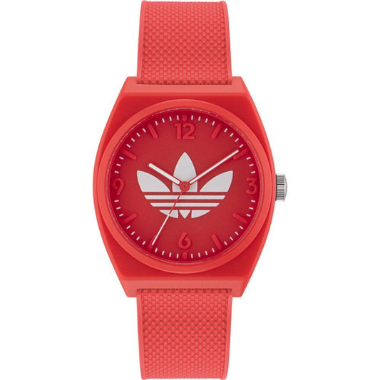 Adidas AOST23051 watch for unisex with a red dial and silicone strap.
