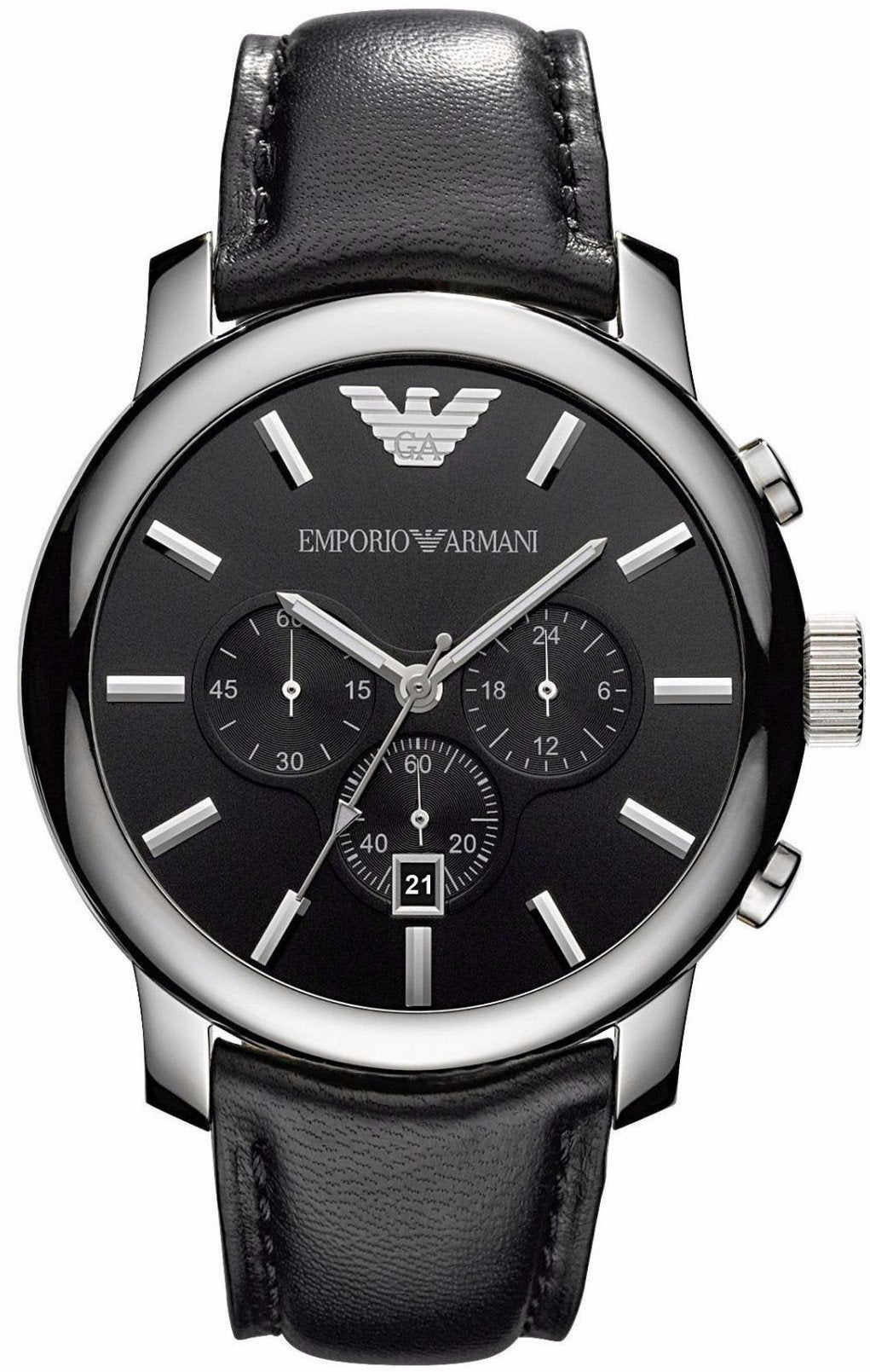 Armani AR0431 watch for man with a black dial and leather strap.