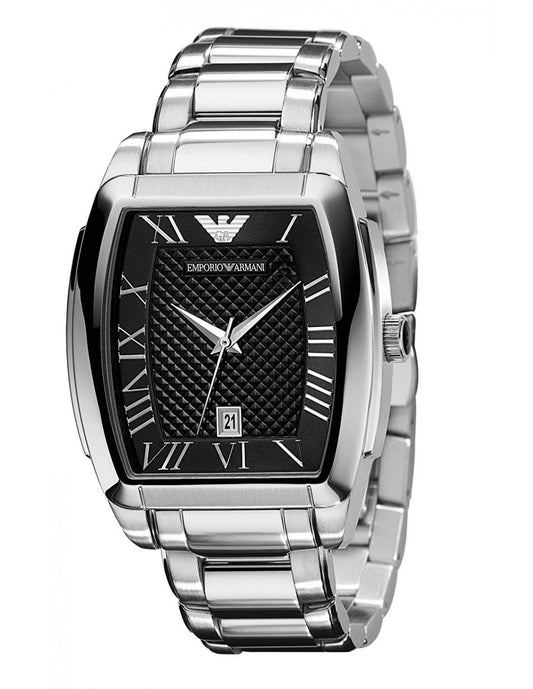 Armani AR0935 watch for man with a black dial and stainless steel strap.