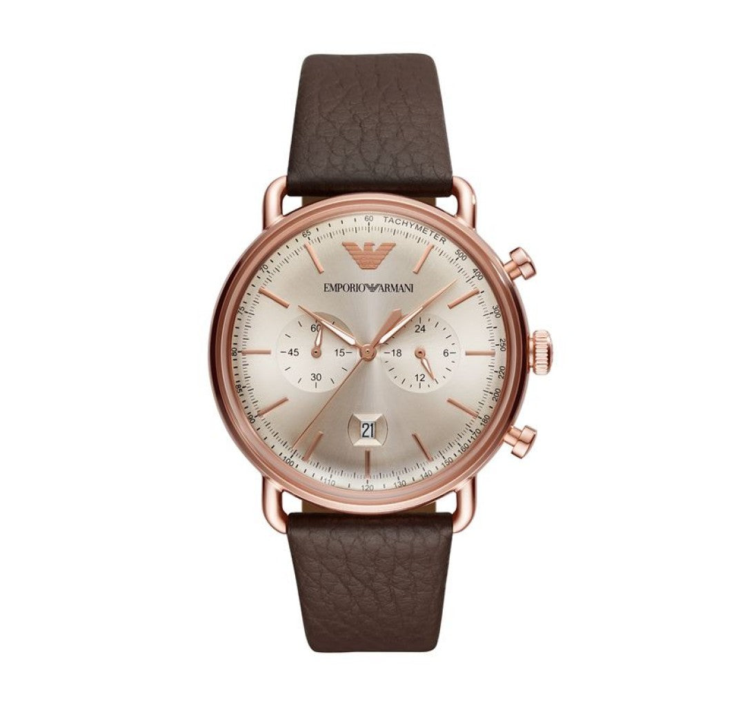 Armani AR11106 watch for man with a gray dial and leather strap.