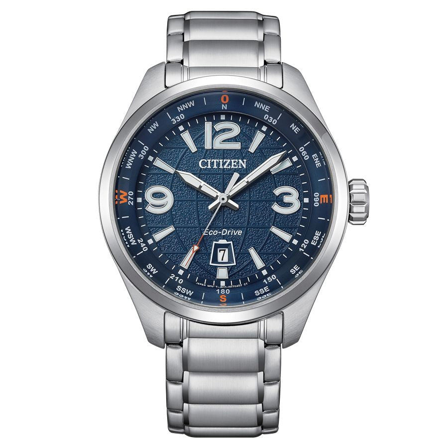 Citizen AW1830-88L watch for man with a blue dial and stainless steel strap.