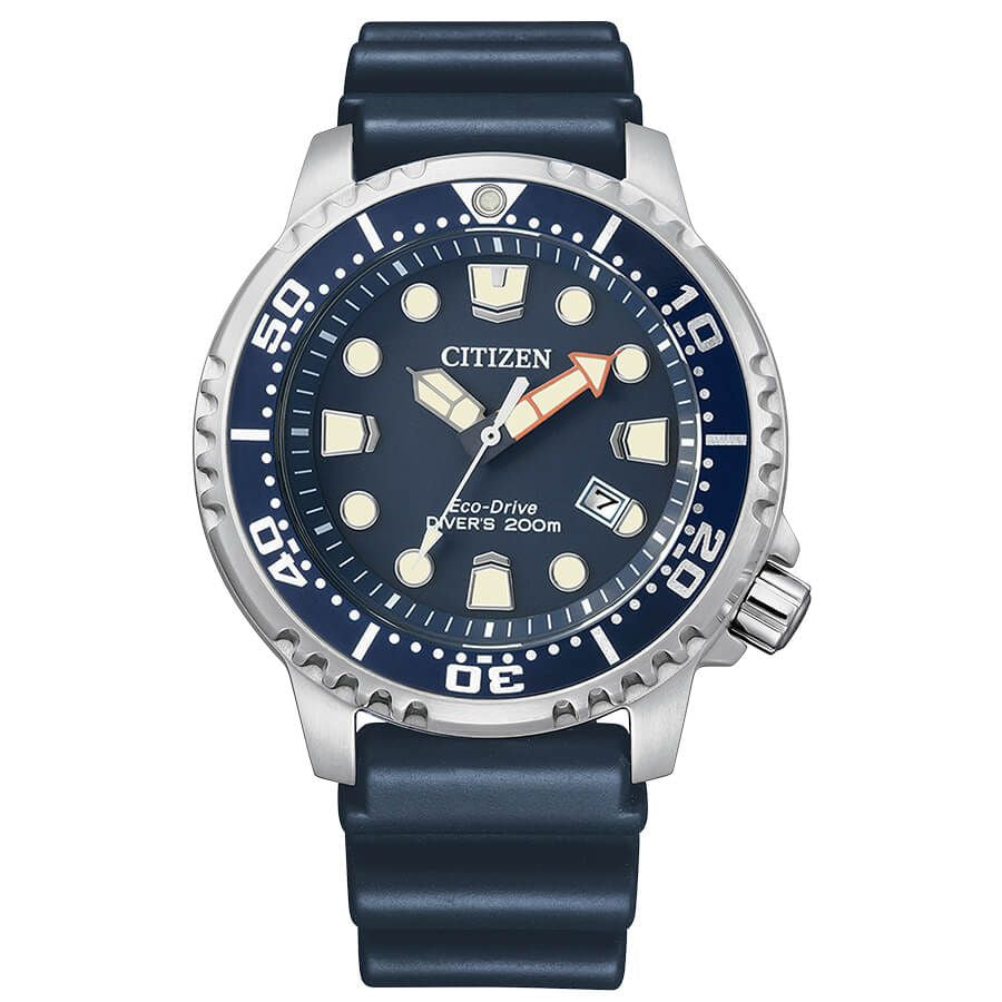 Citizen BN0151-17L watch for man with a blue dial and rubber strap.