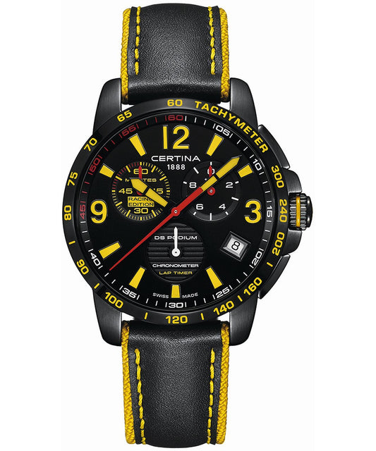 Certina C034.453.36.057.10 watch for man with a black dial and leather strap.