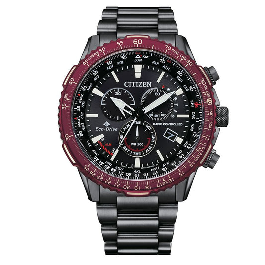 Citizen CB5009-55E watch for man with a black dial and stainless steel strap.