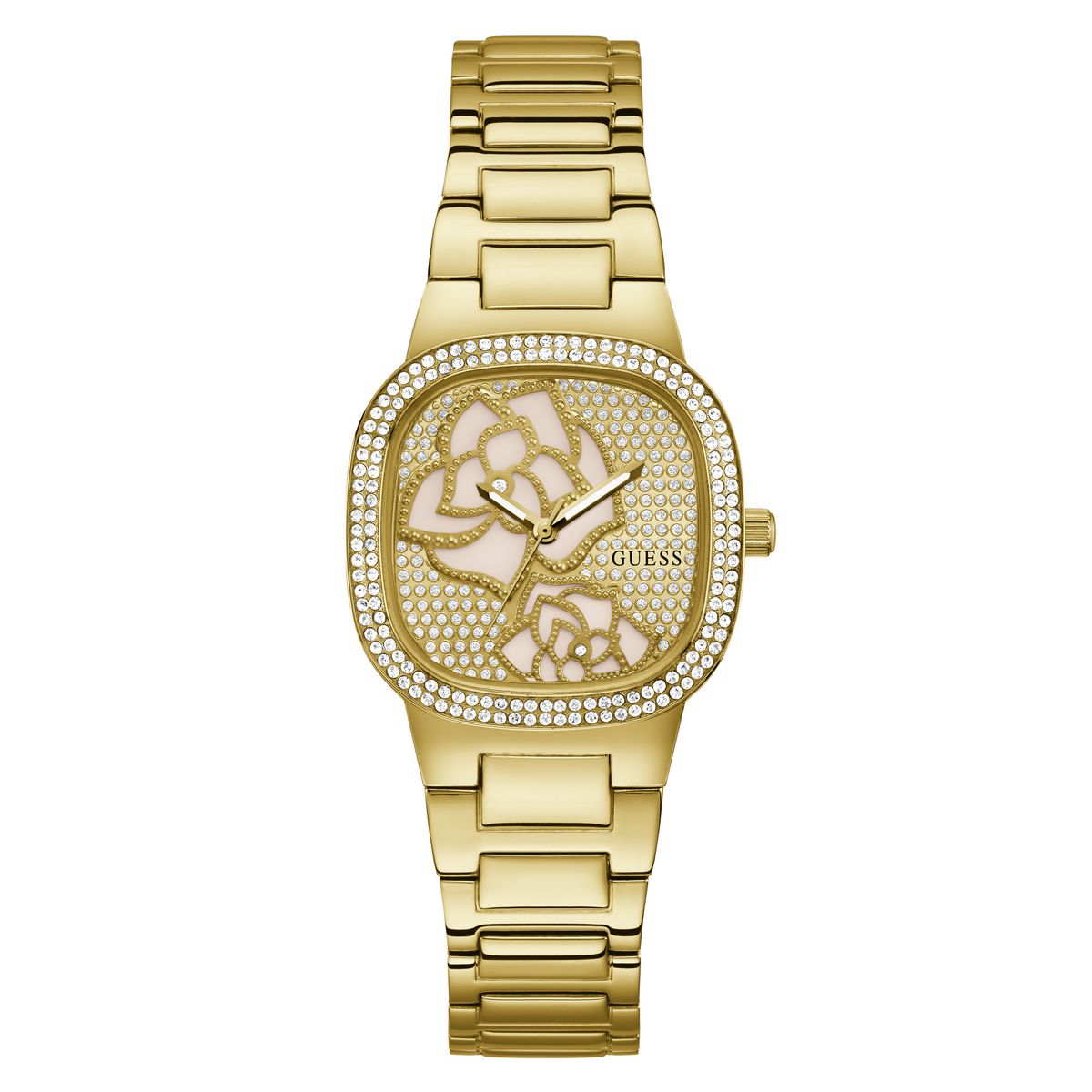 Guess GW0544L2 watch for women with a golden dial and stainless steel strap.