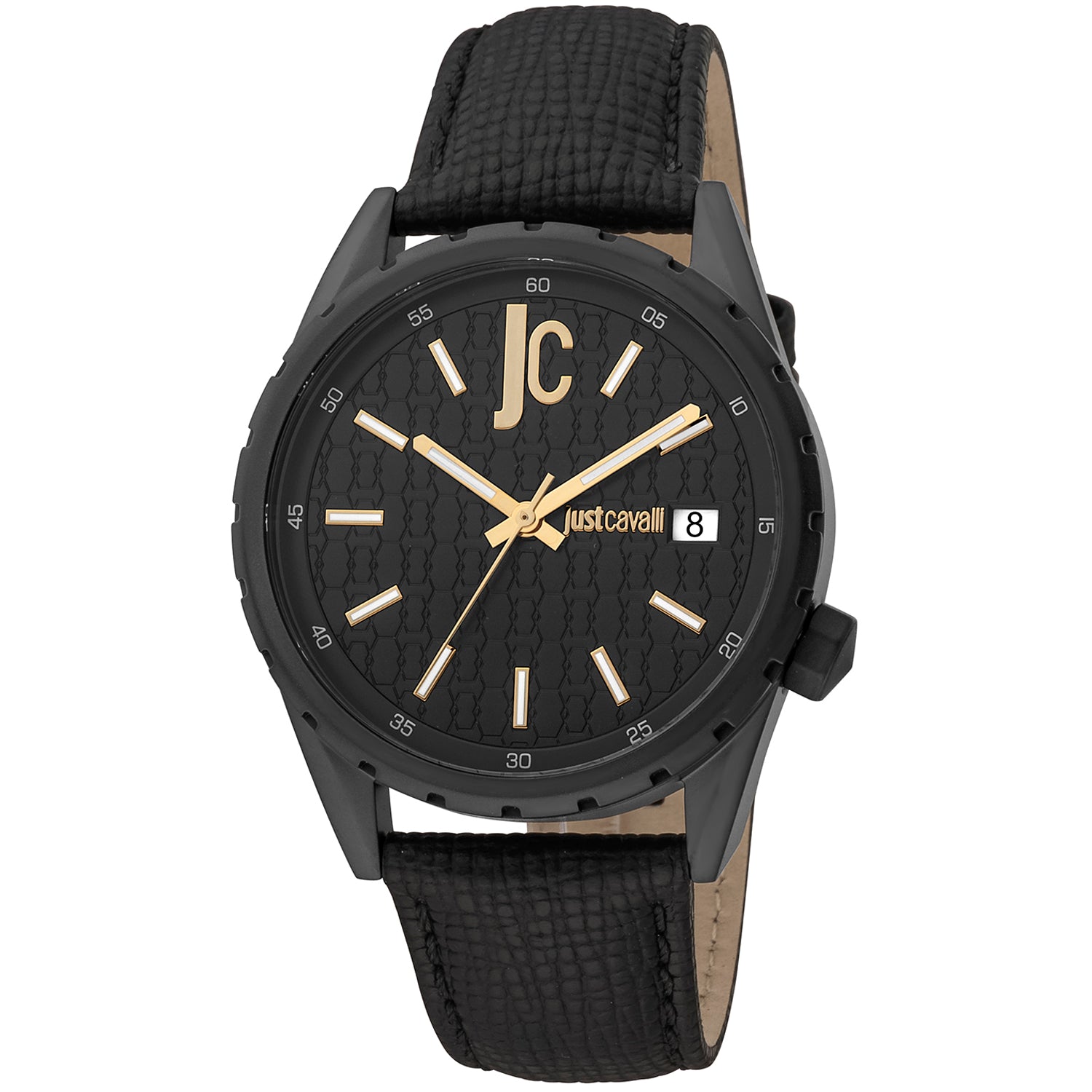 Just Cavalli JC1G217L0045 watch for man with a black dial and leather strap.